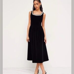 Cider Black Velvet Midi Dress with Silver Accents